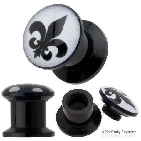 Earrings Black Acrylic Fleur de Lis Stash Screw Plug 2 gauge - Sold as pair