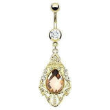 Belly Button Ring Pink Faceted Cut Gem on Pave Gemmed Royal Shield Dangle 14k...