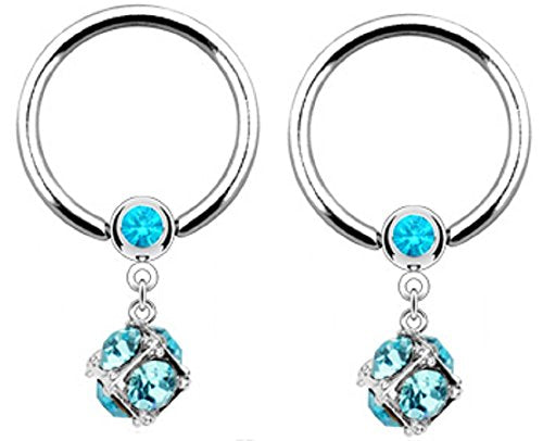 Nipple Ring CZ Dangle Captive Bead Body Jewelry Pair 14 gauge 1/2"