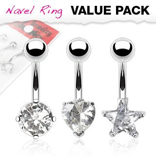 Body Accentz&reg; Belly Button Ring Navel Star, Heart & solitaire prong set surgical steel bar value pack Body Jewelry 14 Gauge