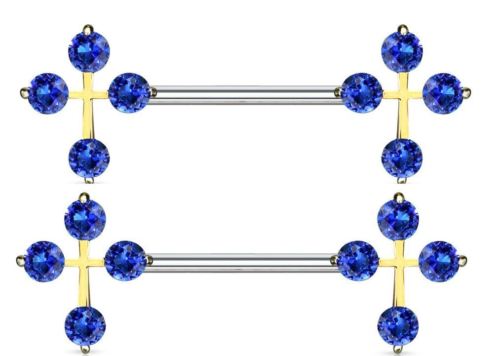 Nipple Bar Princess CZ Cross Ends Sparkle Barbell Ring Sold as pair   [Blue]