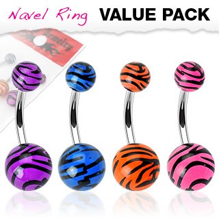 Body Accentz&reg; Belly Button Ring Navel Assorted Color Tiger Stripe UV 316L Surgical Steel bar value pack Body Jewelry 14 Gauge