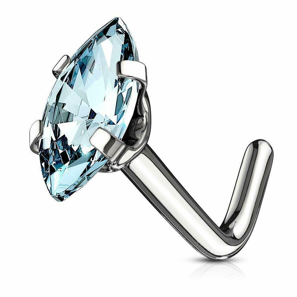 20g Surgical Steel Fancy Marquise Shape CZ L Bend Shaped Nose Ring Stud