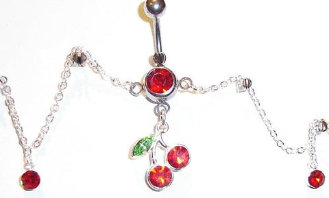 Body Accentz&reg; Belly Button Ring Cherry Navel Body Jewelry Dangle waist Chain 14 Gauge