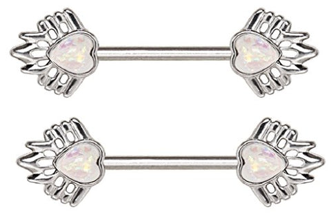 Body Accentz Nipple Ring Bars 316L Stainless Steel Decorative Synthetic Opal Heart Sold as Pair