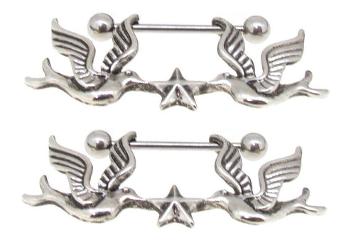 Stainless Steel Barbell Nipple Ring Swallow Sparrow Peace love Bird star Pair