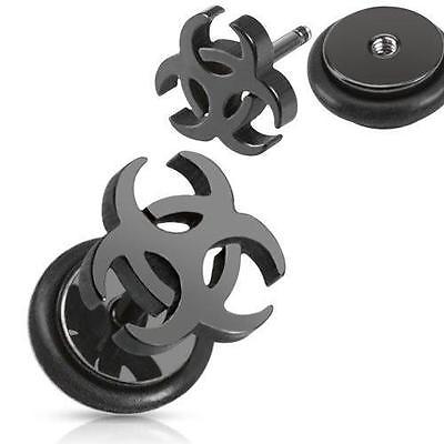 Earrings 316L Surgical Steel Black IP Biohazard Sign Fake Plug 16 gauge - Sol...