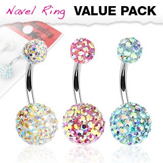 Body Accentz&reg; Belly Button Ring Navel Assorted Aurora Borealis Crystal Ferido 316L Surgical Steel bar value pack Body Jewelry 14 Gauge