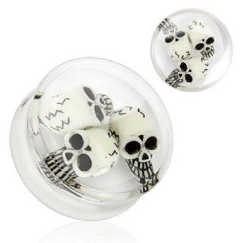 Earrings Rings Clear Acrylic Saddle Plug with Encased Triple Skull Sold as a ...