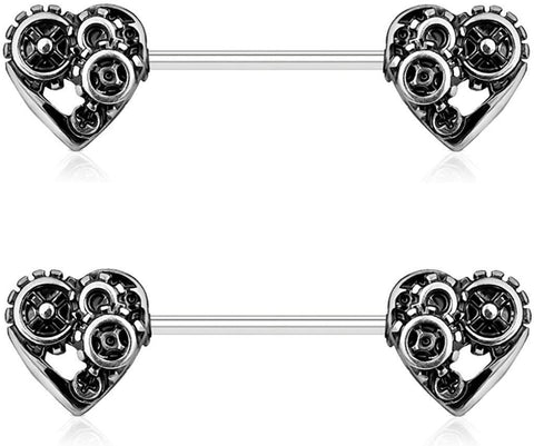 Pair of Steampunk Hearts Nipple Piercing Rings Steel Barbells - 14G 9/16''