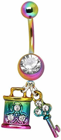 Clear Crystal Rainbow PVD Plated Lock & Key  Belly Bar Navel Ring Surgical Steel