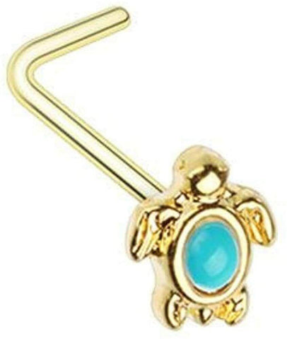 Golden Turquoise Sea Turtle L-Shape Nose Ring