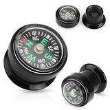 Real Compass Inlayed Black Acrylic Screw Fit Plug - Sold as a pair 0g