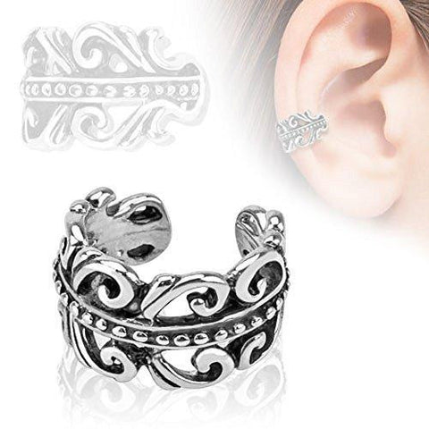 Carved Swirls Rhodium Plated Brass Non Piercing Ear Cuff [Jewelry]