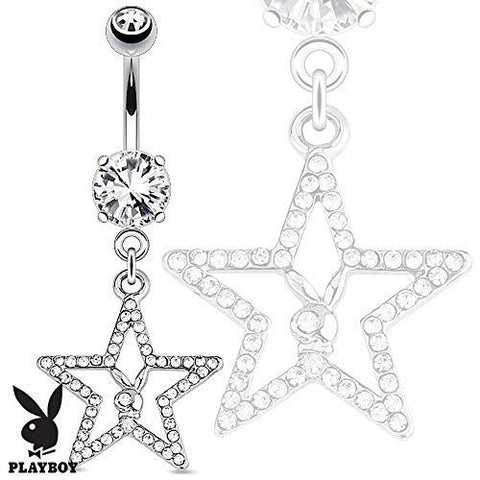 Belly Button Ring Playboy Bunny with Paved Gemmed Star Dangle 316L Surgical S...