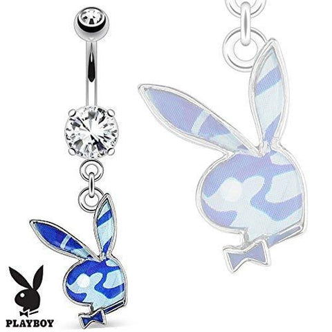 Belly Button Ring Playboy Bunny with Blue Camouflage Epoxy Dangle 316L Surgical Steel Navel Ring