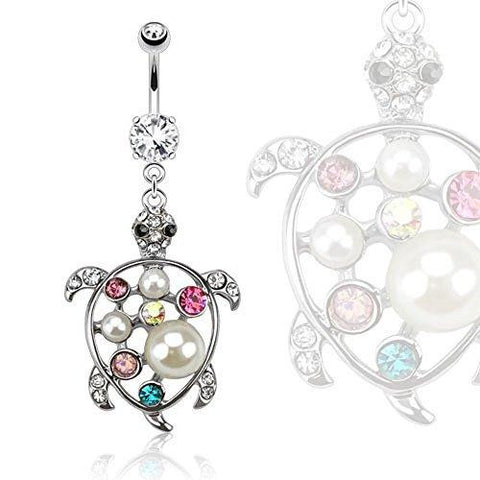 Belly Button Ring 316L Surgical Steel Turtle Multi Color Gemmed with Pearl Dangle Navel Ring
