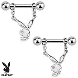 Playboy Bunny with Single Gem Dangle 316L Surgical Steel Nipple Bar sold as a pair 14 gauge