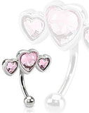 Triple Heart 316L Surgical Steel Eyebrow Curve with Paved Heart Shaped CZs