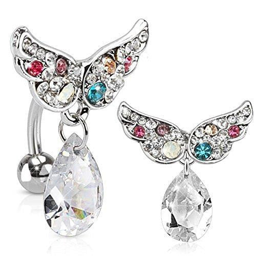 Belly Button Ring Top Down 316L Surgical Steel Gemmed Angel Wing with Dangle Drop Navel Ring 14 Gauge