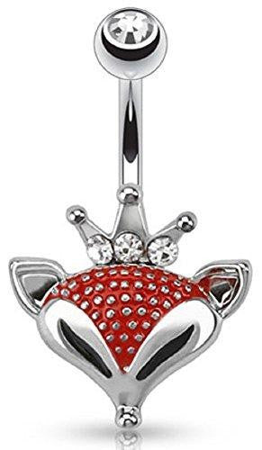 Belly Button Ring Crowned Fox with Gems Navel Ring 316L Surgical Steel 14 Gauge
