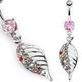 Belly Button Ring Multi Color Paved Asymmetrical Leaf Navel Ring 316L Surgical Steel 14 Gauge