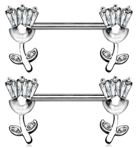 Nipple Bar Princess CZ set Tulip Ends Sparkle Barbell Ring Sold as pair   [silvertone]