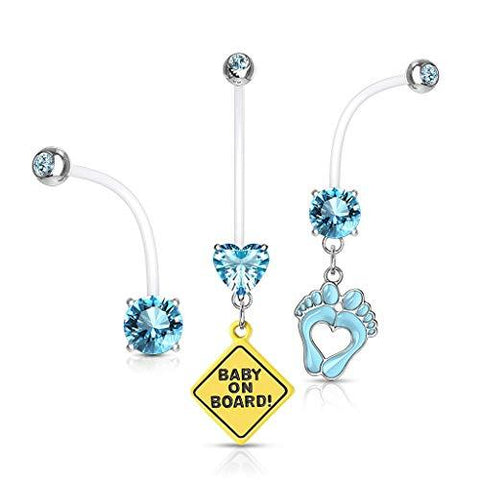 Body Accentz 3pc Pregnancy Maternity Belly Button Ring Feet Baby on Board CZ (Blue)