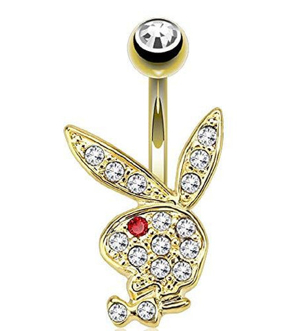 Multi Paved Gems on Playboy Bunny 316L Surgical Steel Navel Belly Button Ring (Goldtone red eye)