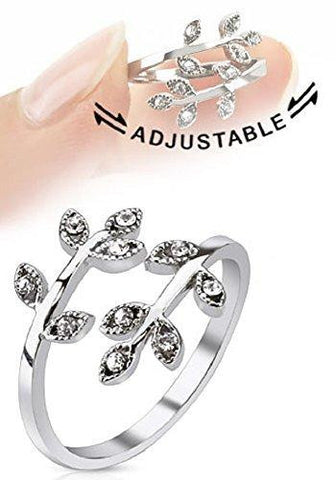 Petite Leaf Multi-Paved Gems Adjustable Rhodium Plated Brass Mid-Ring/Toe Ring