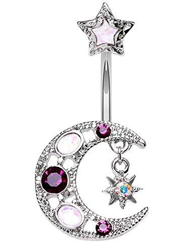 Body Accentz Belly Button Ring Navel 14g Opal Celestial Star Moon Dangle