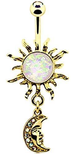 Body Accentz Belly Button Ring Navel 14g Gold Plate Opal Celestial Sun Moon Dangle