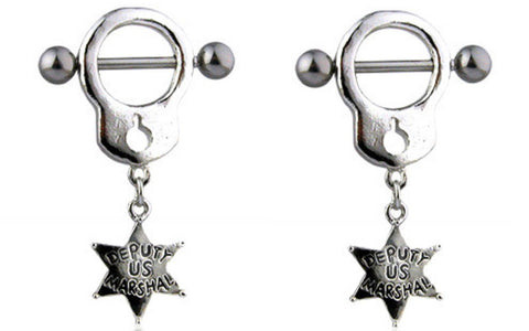 Nipple Ring Bars Deputy Sheriff Marshal Handcuffs Body Jewelry Pair 14 gauge