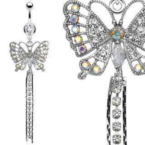 Belly Button Ring Navel Long Dangle Butterfly Body Jewelry 14 Gauge Rodium
