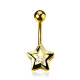 Belly Button Ring Navel Gold Plated Star Clear Cubic Zirconia Round 14 Gauge Bod