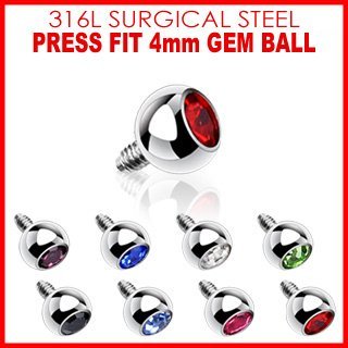 316L Internally Threaded Surgical Steel Press Fit Gem/3mm for Internally Threaded Dermal Anchors 14g 4mm dermal top Body Accentz&reg; jewelry sold individually