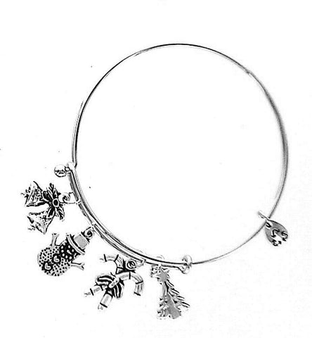 Christmas Jingle Bells Snowman SilverTone Expandable Wire Bracelet candy cane