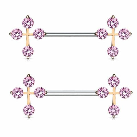 Nipple Bar Princess CZ Cross Ends Sparkle Barbell Ring Sold as pair   [pink] - pink