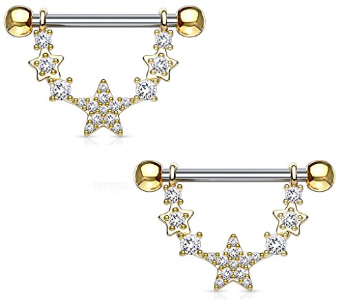 Nipple rings CZ Paved Linked Stars Dangle  316L Surgical Steel 14g [Rose Goldtone] - Rose Goldtone