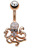 Belly Button Ring Crystal Paved Octopus Navel Rings 316L surgical Steel 14g 3/8'' - Rose Goldtone