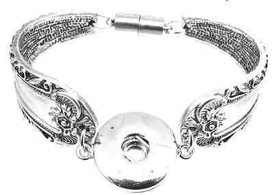 Antique Silvertone Magnetic Clasp Spoon Flower Carve Bracelet Snap Charm Button