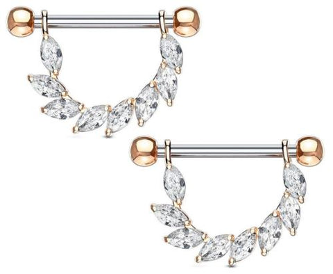 Nipple rings Marquise CZ Bridge Dangle  316L Surgical Steel 14g [Rose Goldtone]