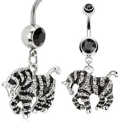 Surgical Steel Black Enamel Paved CZs Striped Zebra Dangle Navel Ring