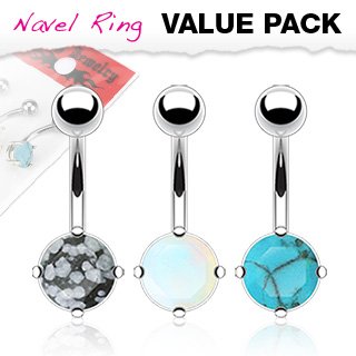 Body Accentz&reg; Belly Button Ring Navel Assorted Precious Stone Prong Set 316L Surgical Steel bar value pack Body Jewelry 14 Gauge