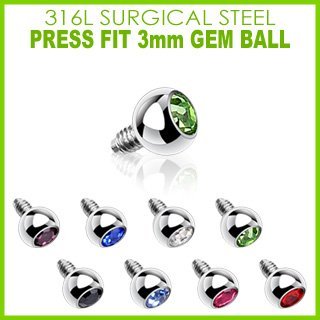 316L Internally Threaded Surgical Steel Press Fit Gem/3mm for Internally Threaded Dermal Anchors 14g 3mm dermal top Body Accentz&reg; jewelry sold individually