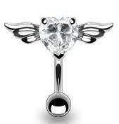 Body Accentz� Belly Button 316L 8mm Gem Navel with Angel Wings Heart CZ Dangle Body Jewelry Dangle 14g
