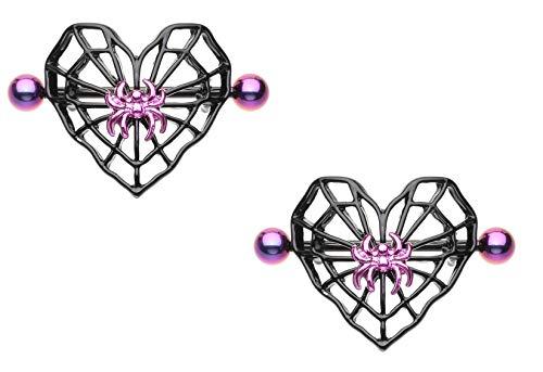 Body Accentz Nipple Ring Black Spiderweb Heart Nipple Shield 14g