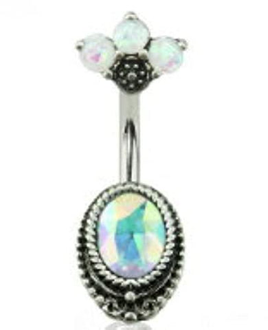 Body Accentz Belly Button Ring Silver Burnish Opalite Glitter Three Petal Flower Top 316L Surgical Steel Navel Ring