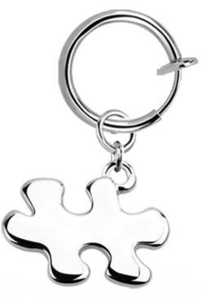 Body Accentz Belly Button Ring Cheater Fake Clip with a Dangling Charm Non Pierce (Silvertone Autism Puzzle Piece)