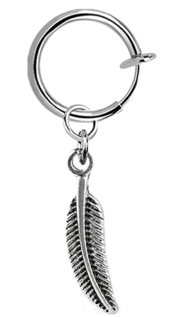 Body Accentz Belly Button Ring Cheater Fake Clip with a Dangling Charm Non Pierce (Silvertone Feather)